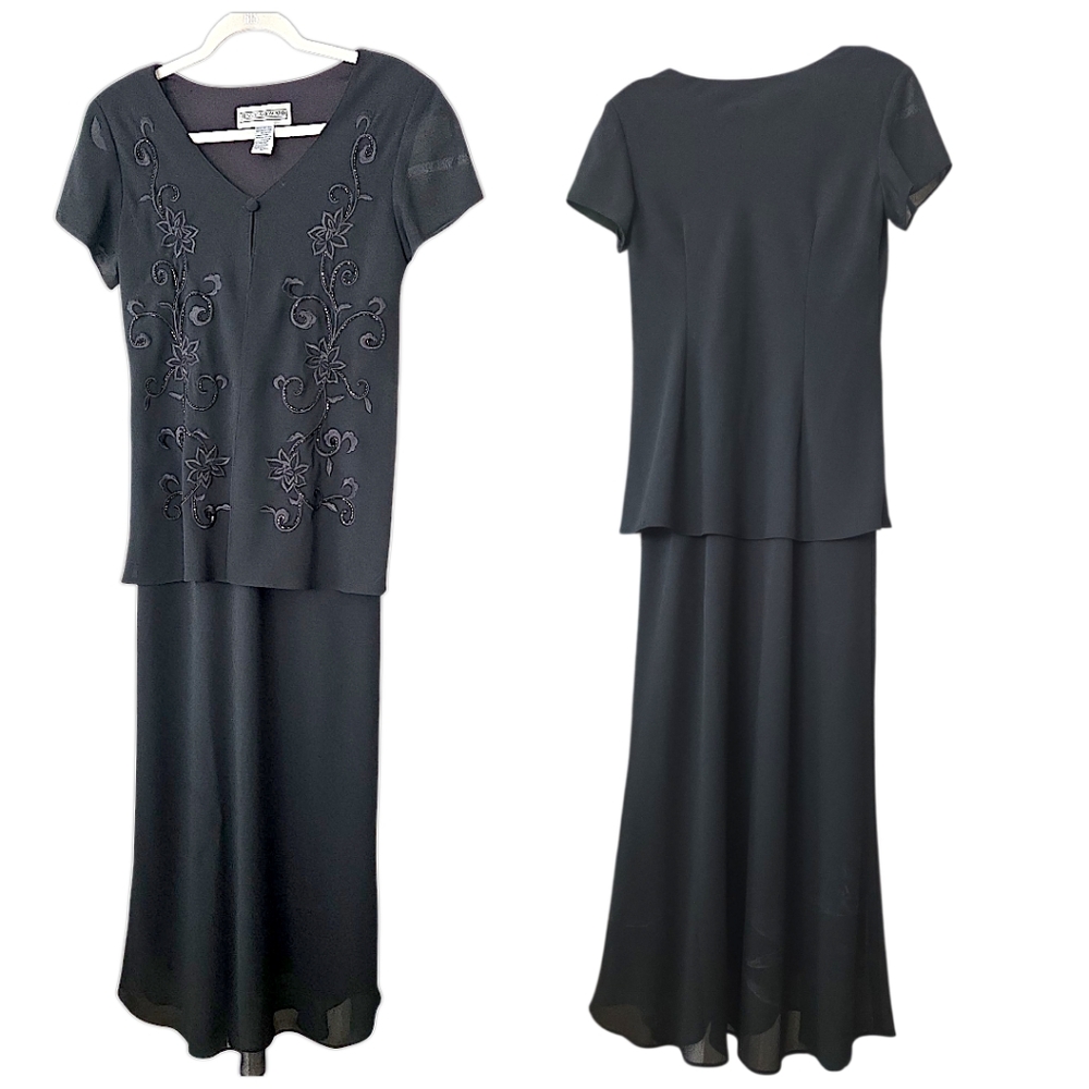 Vintage Jessica Howard Black Embroidered Beaded V-Nneck Maxi Dress Size 10